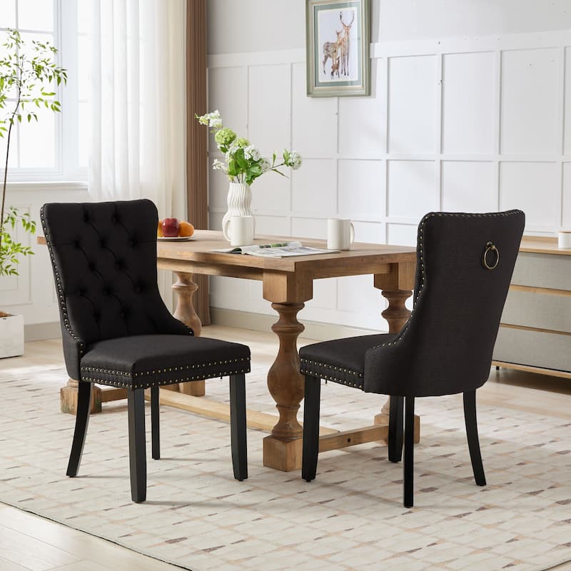 Solid Wood Dining Chairs Set of 2, Tufted Upholstered Kitchen Side Chairs, Dining Chair with Wood Legs & Nailhead Trim