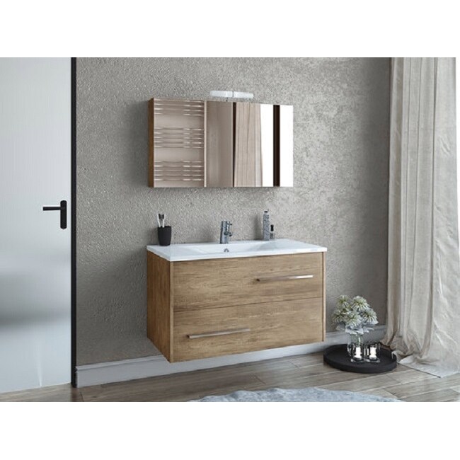 photo Solid Wood Floating Vanity 36 natural wood floating vanity with integrated porcelain sink