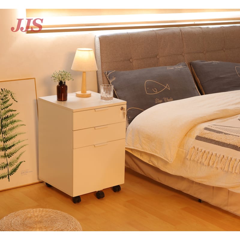 JJS 3 Drawer Rolling File Cabinet Wooden Storage with Lock & Wheels