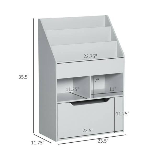 dimension image slide 4 of 5, 3-Tier Kids Book Shelf Cabinet with 2 Storage Compartment and Large Drawer - 23.5" W x 11.75" D x 35.5" H