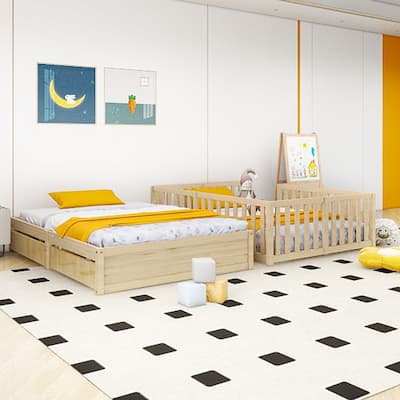 Wood Daybed with Fence Guardrails and 2 Drawers, Split into Independent Floor Bed & Daybed