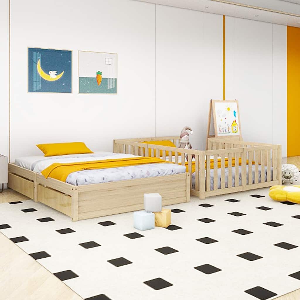 Wood Daybed with Fence Guardrails and 2 Drawers, Split into Independent Floor Bed & Daybed