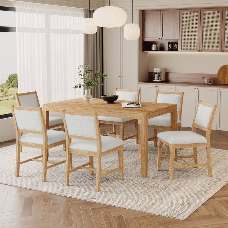 7-Piece Retro Dining Table Set for 6, 1 Rectangular Wood Dining Table Set for 6 with Upholstered Chairs for Dining Room - Natural