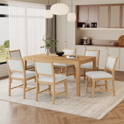 7-Piece Retro Dining Table Set for 6, 1 Rectangular Wood Dining Table Set for 6 with Upholstered Chairs