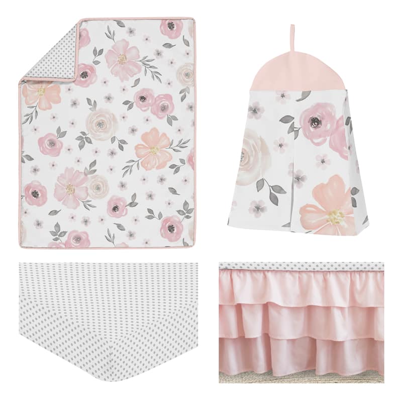 Sweet Jojo Designs Pink, Grey & White Shabby Chic Watercolor Floral Collection Baby Girl 4-piece Bumperless Crib Bedding Set