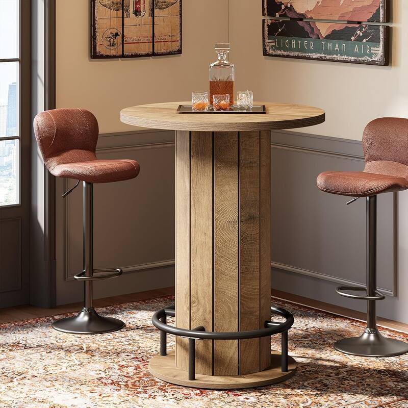 39.4 Inches Wood Round Bar Table, Bistro Pub Table with Metal Ring Footrest - Light Brown