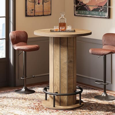 39.4 Inches Wood Round Bar Table, Bistro Pub Table with Metal Ring Footrest