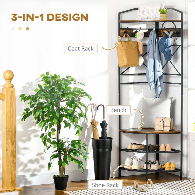 HOMCOM Industrial Corner Hall Tree with Shoe Bench, Entryway Coat Rack, Freestanding Coat Tree with 6 Double Hooks, Rustic Brown