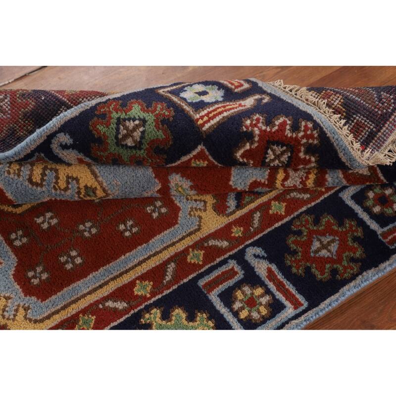 Blue Geometric Kazak Oriental Foyer Rug Handmade Wool Carpet - 4'0"x 5'10"