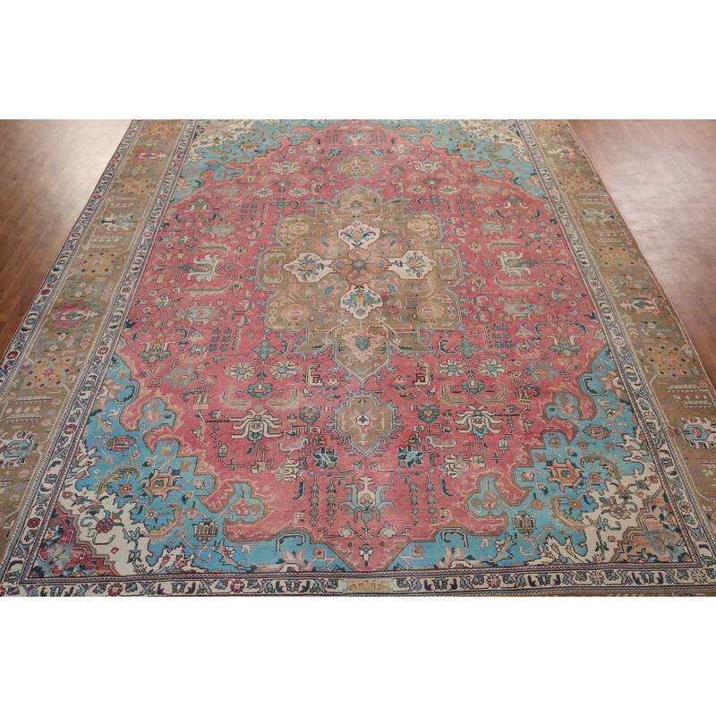 Pink Tabriz Persian Vintage Area Rug Handmade Wool Carpet - 9'11" x 13'4"