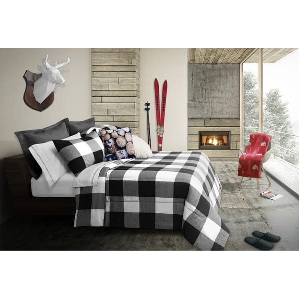 slide 2 of 3, Comforter Set 3 Piece King Revers. Buffalo Plaid White/Black
