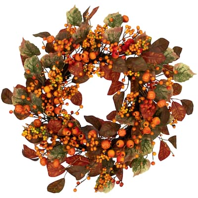 Berries and Pumpkins Artificial Fall Harvest Wreath - 24" - Orange and Green - Unlit