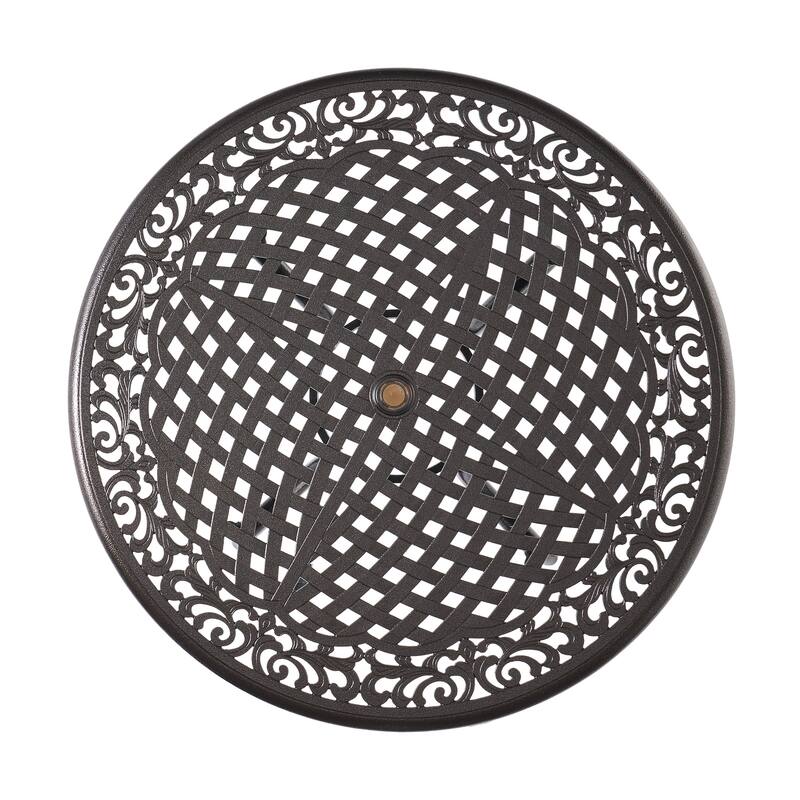 Roomfitters Outdoor Aluminum Dining Set with Lattice-Pattern Round Table and Four Armchairs for Stylish Patio Dining