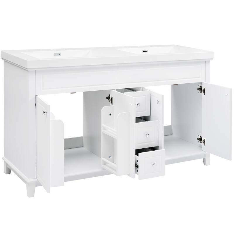Roomfitters 60" Double Bathroom Vanity with Integrated Resin Double Sinks, 3 Drawers and 4 Doors with Shelving, White