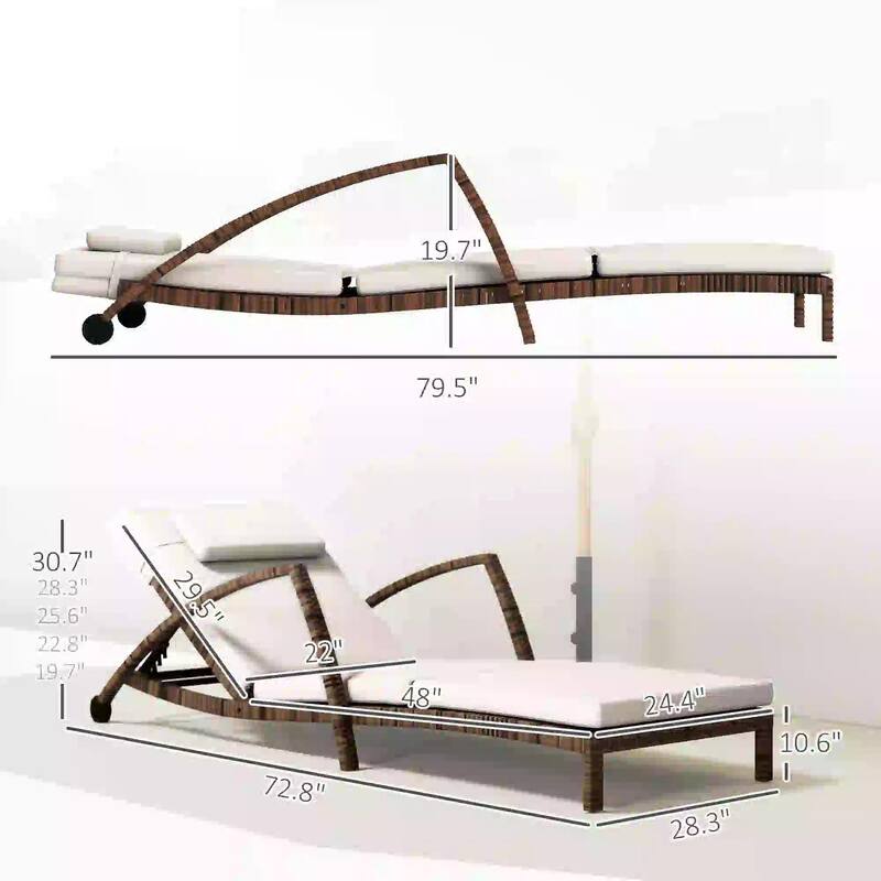 Wicker Chaise Lounge Set, Outdoor Recliners, Adjustable Back, Cushion