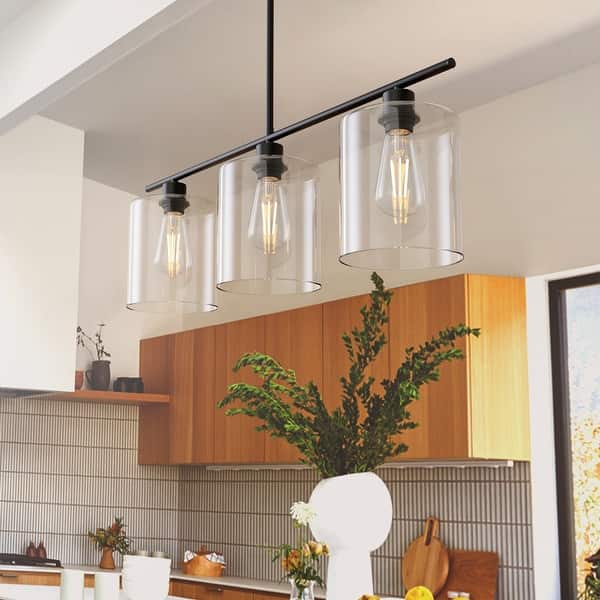 slide 2 of 17, YANSUN 31.3in Industrial 3-Light Island Pendant Light with Clear Glass Shades, Black Kitchen Island Light or Kitchen,Dining Room Black