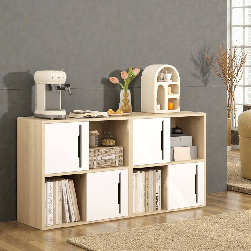Modern Wooden Storage Cabinet with Sliding Doors, 2-Tier Open & Closed Shelves Organizer in Natural Wood and White