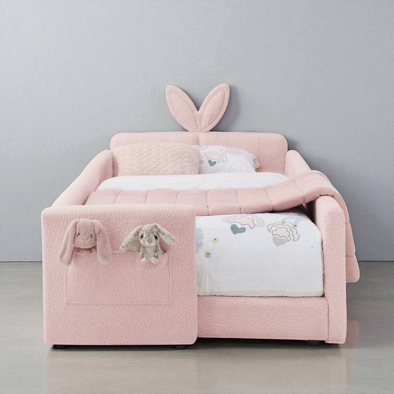Twin Size Upholstered Platform Bed with Rabbit Ear Headboard, Boucle Fabric, Safety Rail and Storage Pocket for Kids