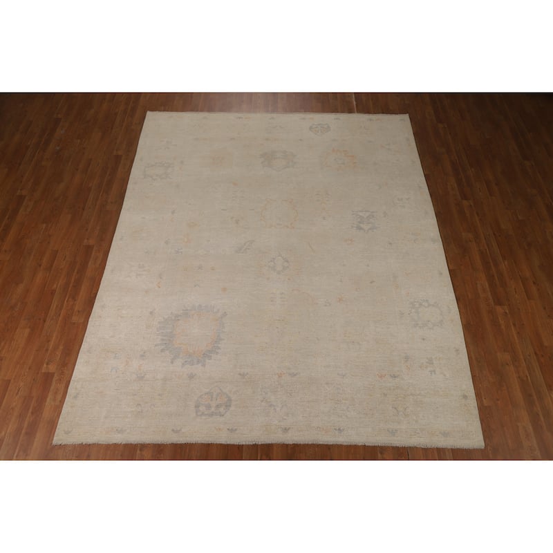 Vegetable Dye Oushak Turkish Area Rug Handmade Beige Wool Carpet - 8'0"x 9'10"