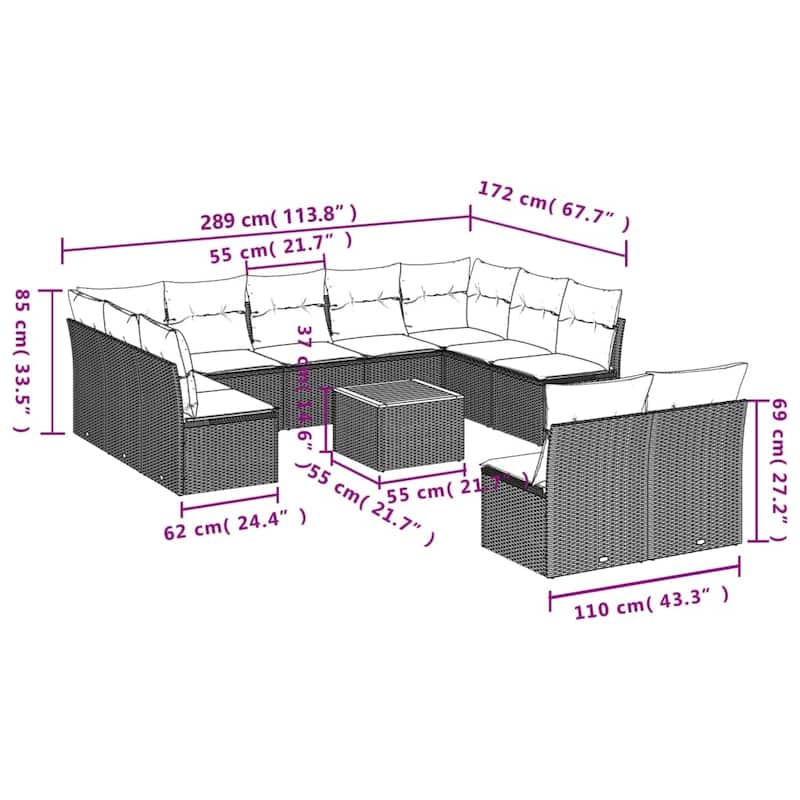 vidaXL 12 Piece Patio Sofa Set with Cushions Black Poly Rattan - 24.4 x 24.4 x 27.2