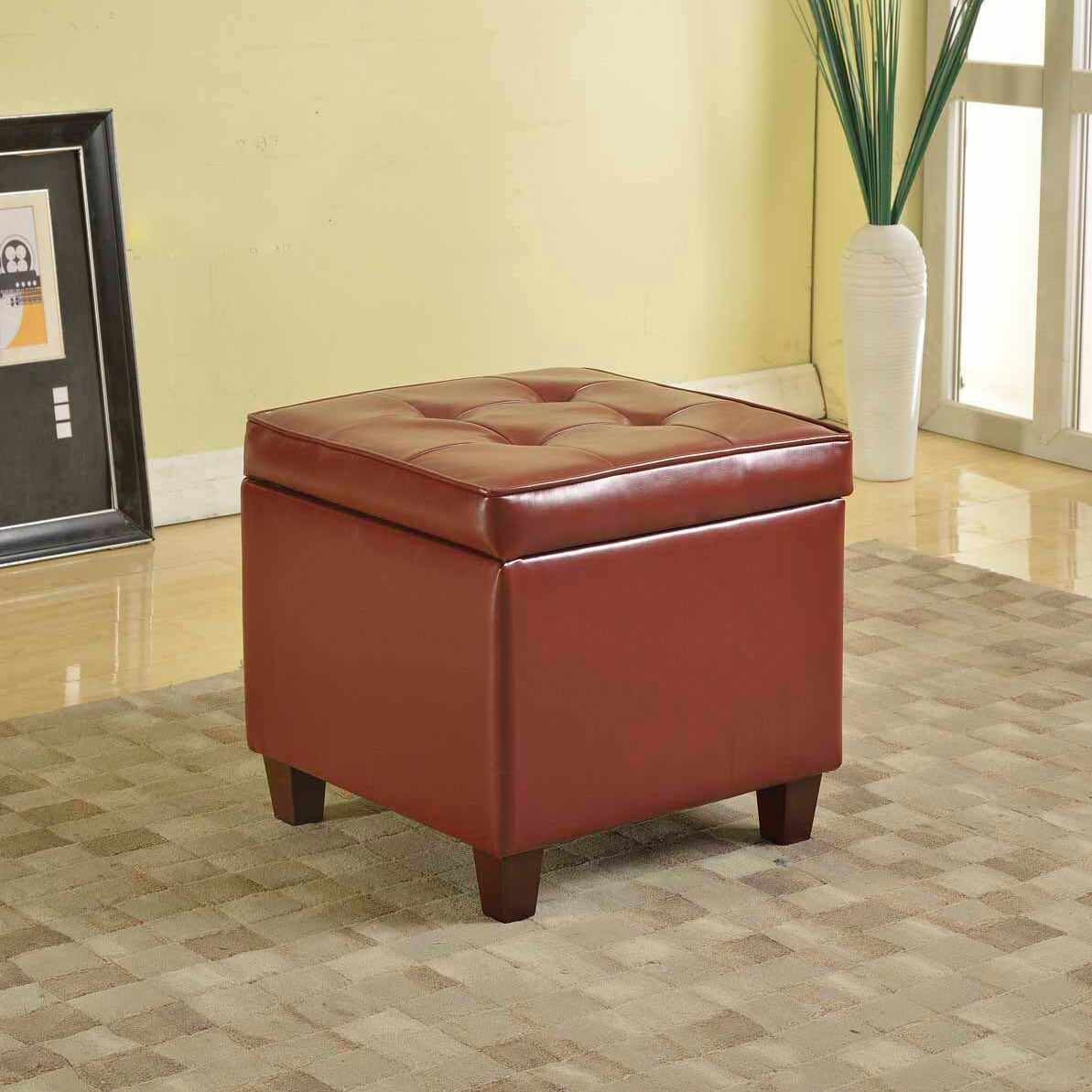 Porch & Den Bittern Tufted Square Dark Red Leatherette Storage Ottoman