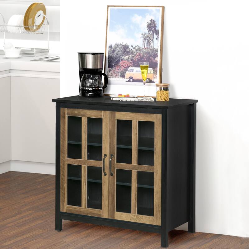 HOMCOM Kitchen Sideboard, Glass Door Buffet Cabinet, Accent Cupboard with Adjustable Storage Shelf for Living Room - Black
