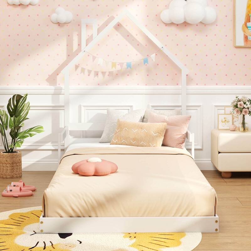 Costway Twin Size Floor Bed for Kids with Chimney Headboard & Handrail