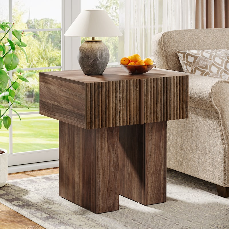 Modern Nightstand with Fluted Desigh, Bedside Table with Drawer - Dark Brown(1PC)
