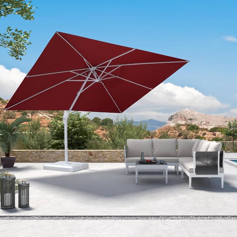 PURPLE LEAF White Rectangle Cantilever Patio Umbrella With Base - 9x11ft Red