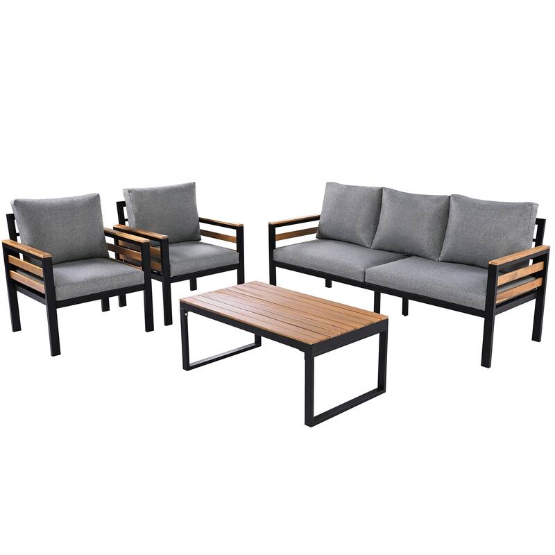 4-Piece Outdoor Iron Cnversation Sofa Set with Solid Wood Coffee Table and Removable Cushion