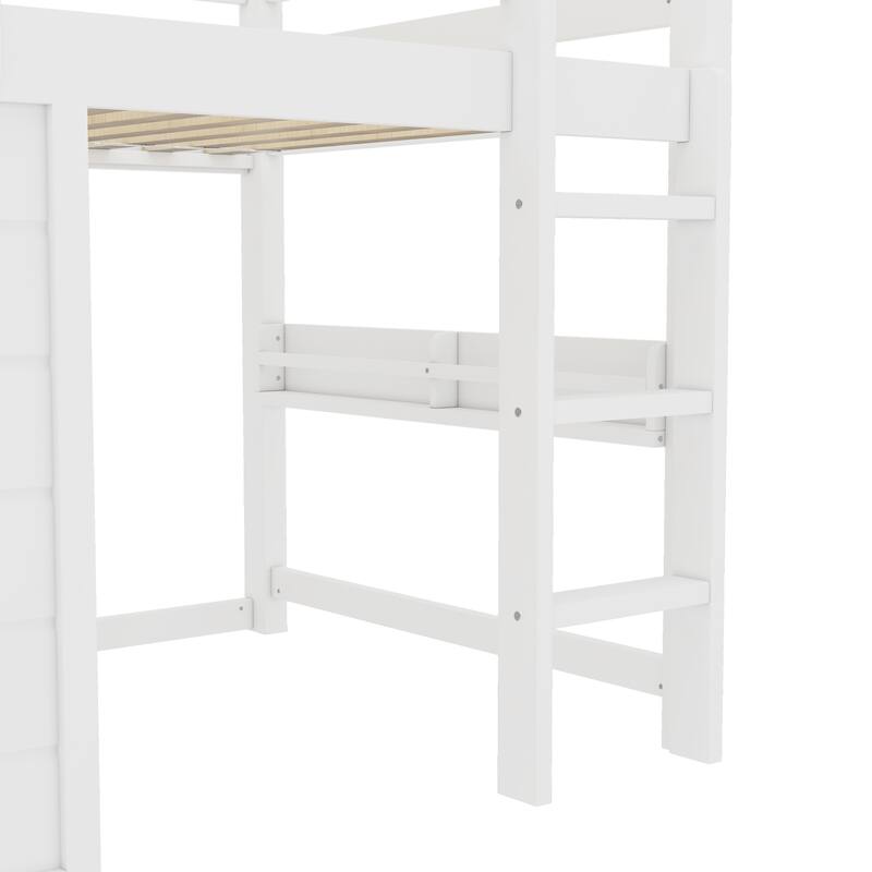Twin Size loft bed with a playful sliding chalkboard, built-in bookshelf, and high-quality safety rails