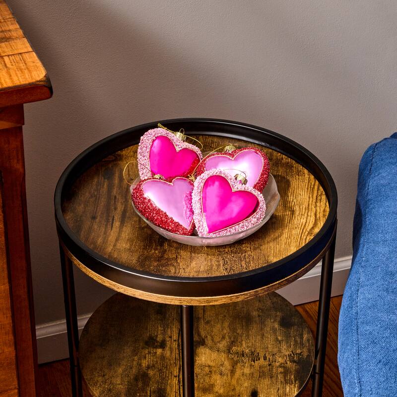 4" Glitter Glass Sequin Heart Ornament Box of 4