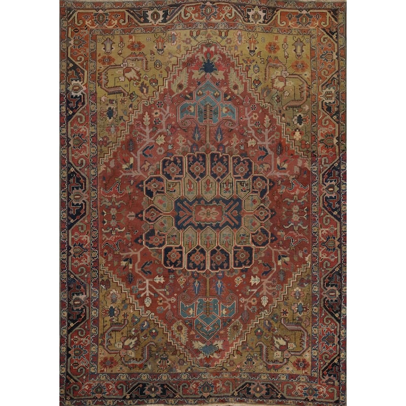 Hand Knotted Oriental 100% Wool Carpet Traditional Medallion Oranges & Rust Heriz (serapi) Area Rug - 10' 7'' X 8' 9''