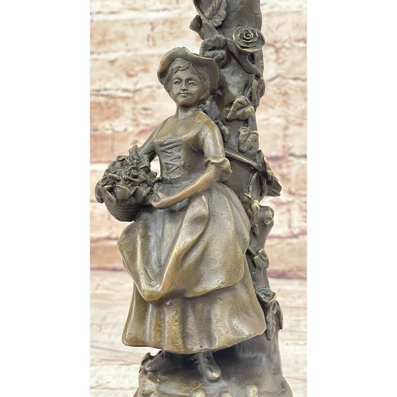 Young Woman Holding A Basket Of Flowers - Bronze Metal Candle Holder Candelabra Sculpture