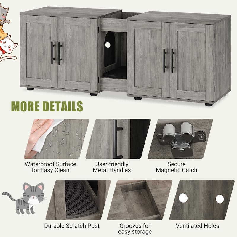 Large Cat Litter Box Furniture with Double Rooms and Barn Doors