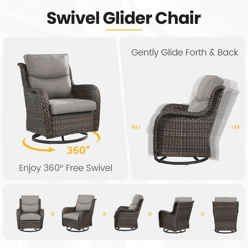 3 Pieces Wicker Swivel Glider Chairs with Side Table- Grey cushion - Brown