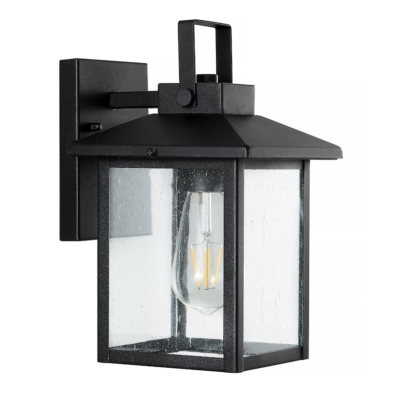Cadiz 6.75" 1-Light Iron/Seeded Glass Rustic Traditional Lantern LED Outdoor Lantern, Black (Set of 2) by JONATHAN Y