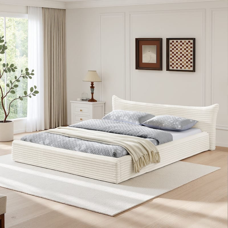 Queen Size Upholstered Bed Frame Velvet Fabric Platform Bed with Decorative Curved Headboard and Solid Wood Frame