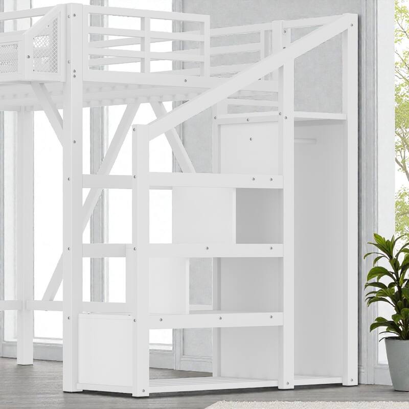 Metal Loft Bed with Storage Stairs, Wardrobe and Shelves, USB Ports and LED Lights, Noise Reduced Frame