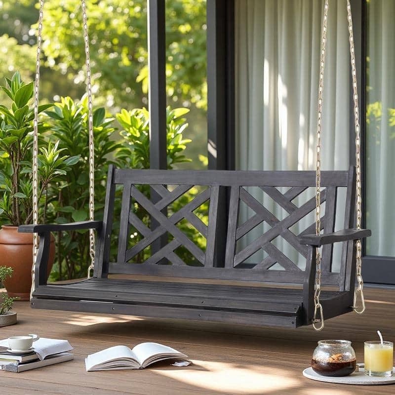 Acacia Wood Porch Swing with 8' Chains and 800lb Capacity - DARK GREY