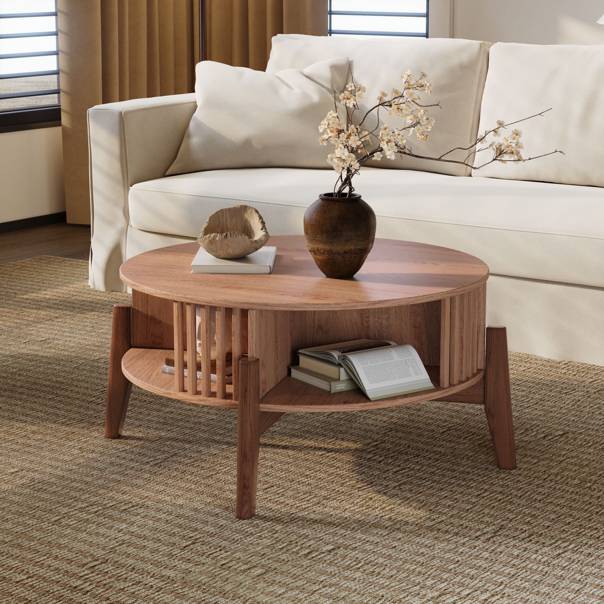 Oak Finish Manufactured Wood Round Coffee Table with Rubberwood Legs 15.75 H x 31.5 Diameter