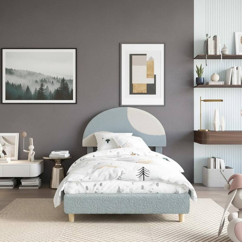 Twin Bed Frame, with Wooden Slats and Round Boucle Headboard - Blue and Blue - Twin