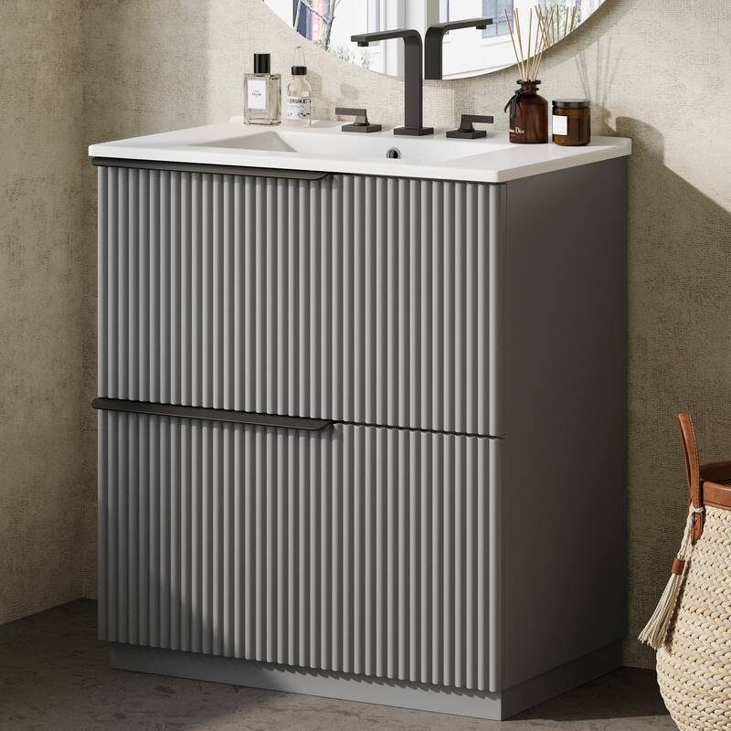 Vertical Grooves Bathroom Cabinet Storage Vanity with Ceramic Sink, Full-Extension Split Drawers and Soft Close Drawer Slides