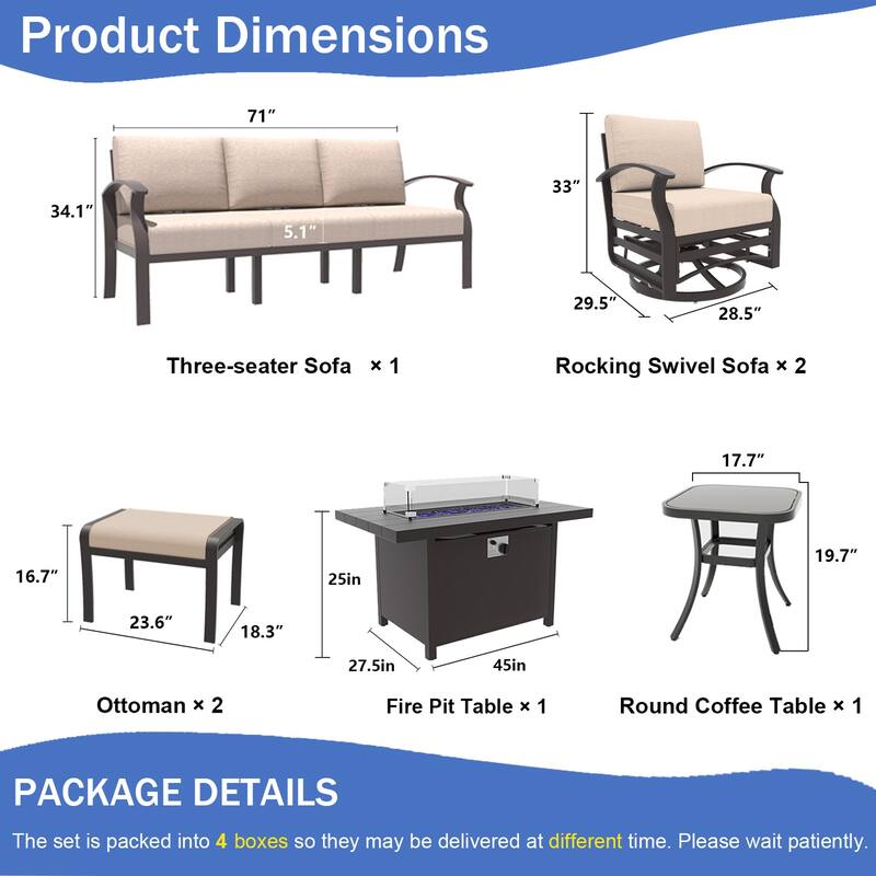 Aluminum Patio Furniture Set with Fire Pit, Ottomans & Rocking-Swivel Chairs, Modular Sofa with Thick Cushions