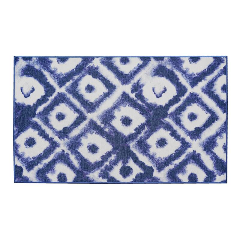 My Magic Carpet Shibori Geometric Diamond Blue Machine Washable Rug