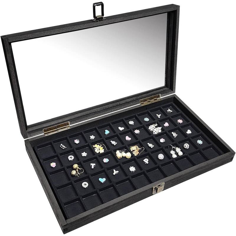 Natural Wood Glass Top Jewelry Display Case Accessories Storage Box with Metal Clasp & Removable 50 Compartments - S