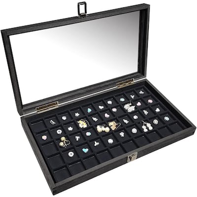 Natural Wood Glass Top Jewelry Display Case Accessories Storage Box with Metal Clasp & Removable 50 Compartments - S