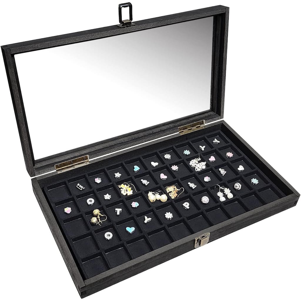Natural Wood Glass Top Jewelry Display Case Accessories Storage Box with Metal Clasp & Removable 50 Compartments - S