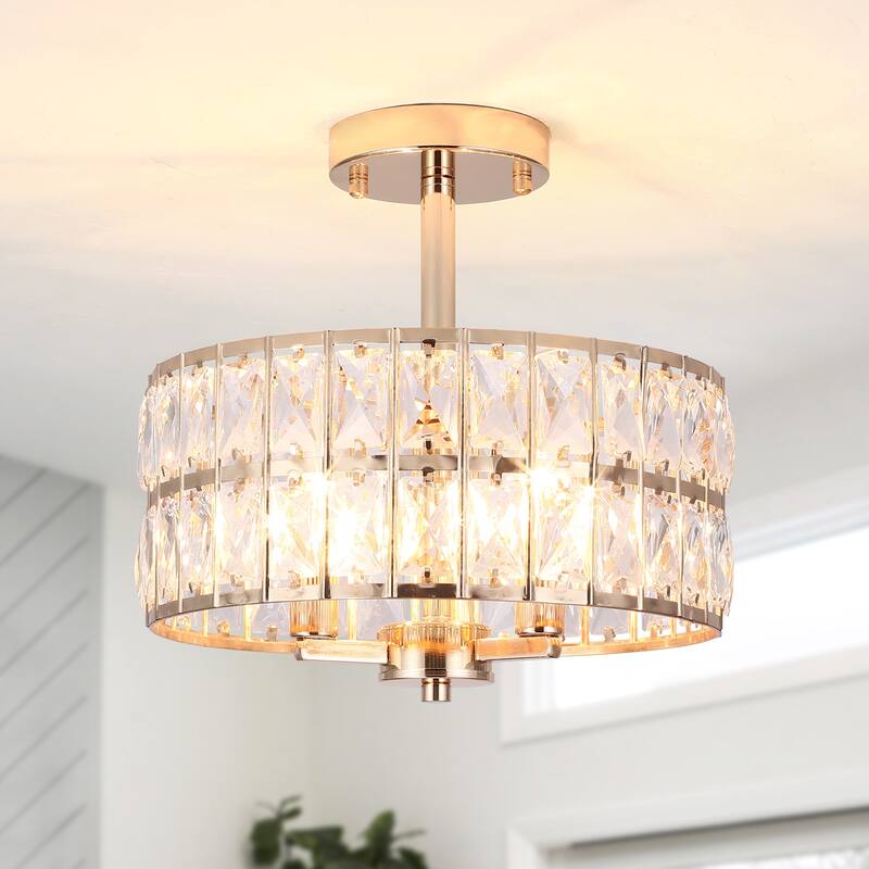 3-Light Crystal Semi Flush Mount Lights for Living Room Hallway - French Gold
