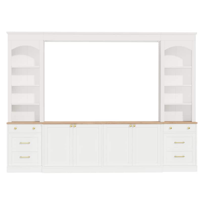 Farmhouse Arched Entertainment Center Wall Unit with Bookshelf,for TVs Up to 70",106"Multi-Functional Media Console with Drawer